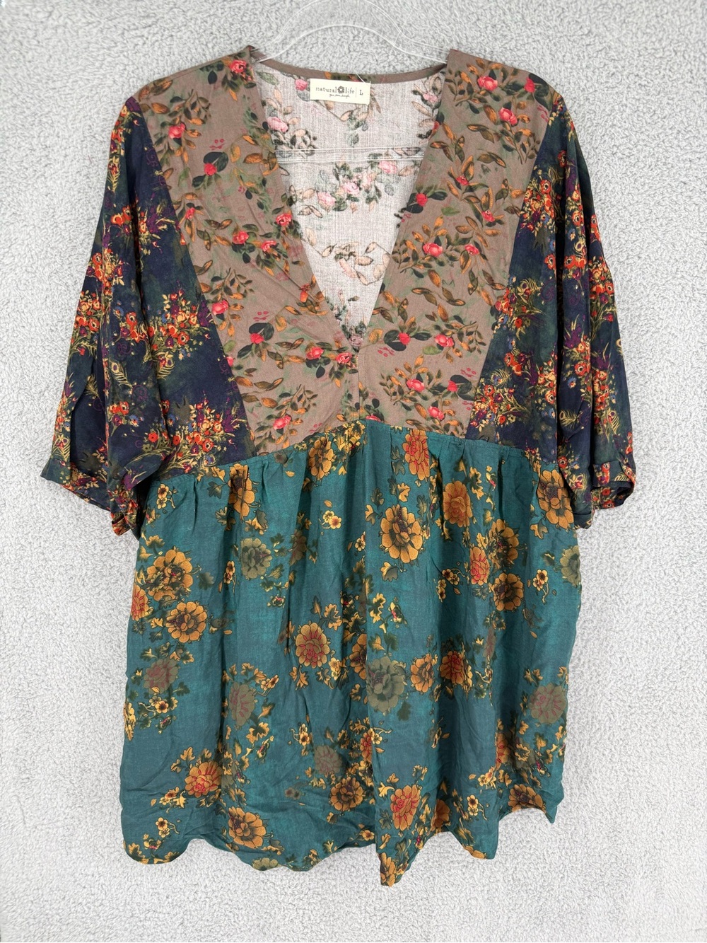 Natural life Boho Floral Patchwork V-Neck Tunic Top/mini dress - Teal Multi larg